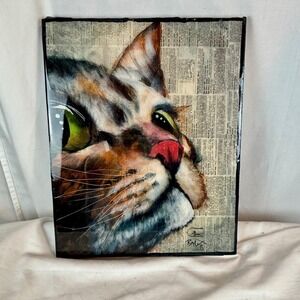 Cat Study Portrait Mixed Media Dictionary Paper Acrylic Resin Finish 12" x 15"
